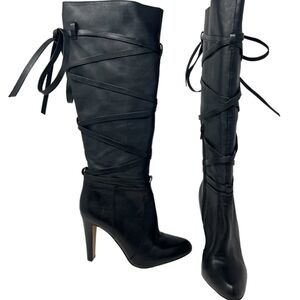 Vince Camuto New Black Leather Lace-Up Knee-High Boots Sz 6